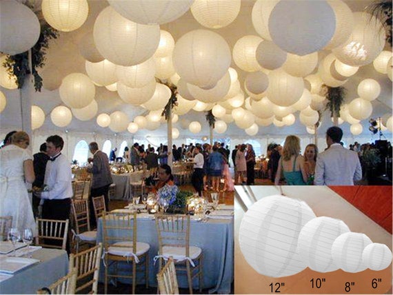 36 Paper Lanterns Led set Mixed Size White Color Round Lamp Shade Floral Wedding Party DIY Crafts Decoration Supplies w with LED Lights