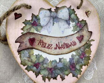 Plaque Merry Christmas - Shabby chic Christmas - Romantic Christmas - Feliz Navidad - Spanish Christmas -Christmas decoration-Christmas home