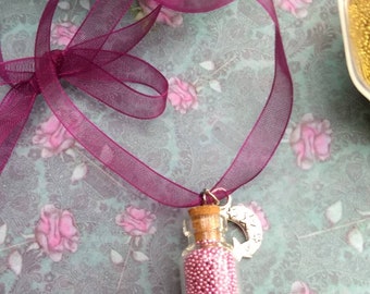 Small bottle necklace - Fantasy jewelry - Pendant for little girls- Glass bottle - Moon magic bottle - Pink beads - Moon & stars-Naive style
