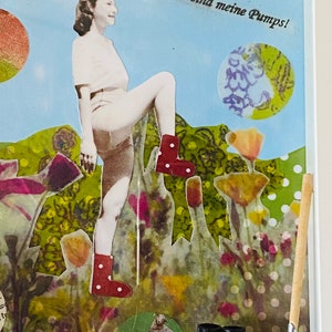 Collage, Mixed Media Collage in einem Objekt-Bilderrahmen, Retro Collage, Assemblage Thema Gärtnern und Yoga Bild 2