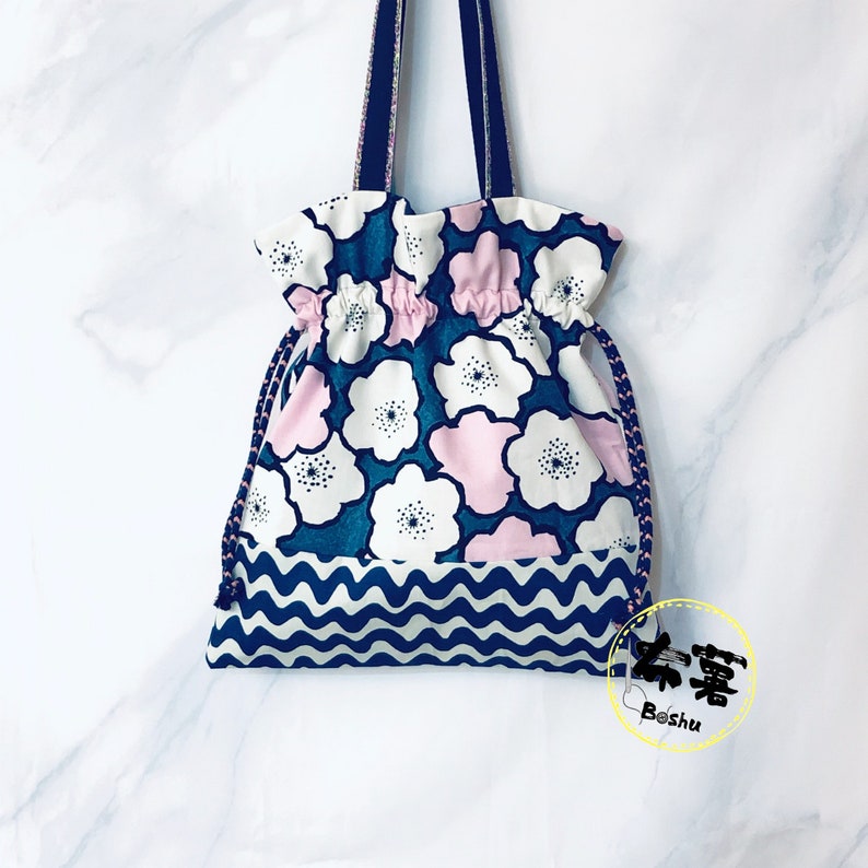 Handmade patchwork drawstring tote bag with Inner pocket custom embroidery name available