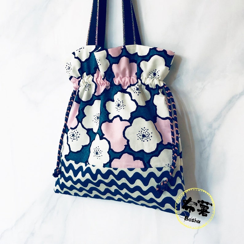 Handmade patchwork drawstring tote bag with Inner pocket custom embroidery name available