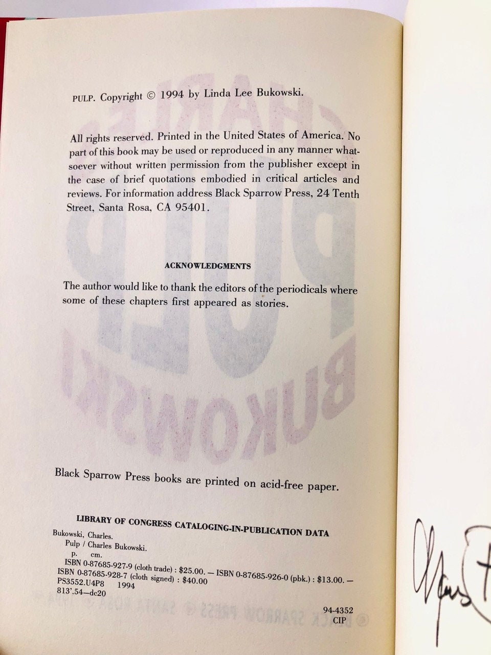Pulp Signed Pulp. Signed by Charles Bukowski. Signed Limited First Edition. Black ...