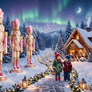 May include: Three large pink and gold nutcracker figures stand in a snowy landscape near a log cabin labeled Santa's House. Two children in winter clothing walk along a stone path illuminated by lanterns under a night sky with aurora borealis.