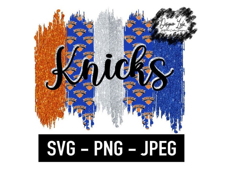 May include: A digital design featuring a stylized New York Knicks logo with a glittery, paint-splattered effect. The design includes the words "Knicks" in a bold, cursive font. The colors are orange, blue, silver, and white. The text "SVG - PNG - JPEG" is at the bottom of the design.