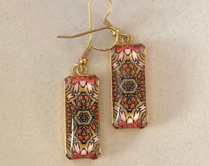 Stunning, Rectangular Dangle Earrings with Vibrant Original Design Inspired by Chicago Street Art, Glass on Gold-plated Stainless Steel Base