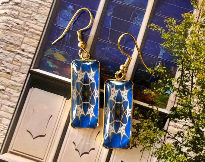 Stunning, Rectangular Dangle Earrings with Vibrant Original Design Inspired by Tiffany Windows, Glass on Gold-plated Stainless Steel Base