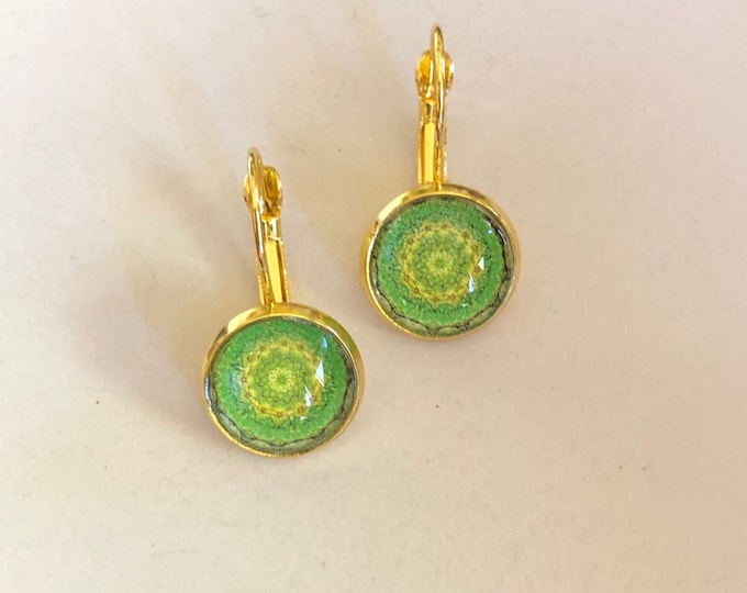 Gold-plated leverback earrings with intricate design in greens & golds. Design was created from a photo of a dogwood garden. Beautiful Gift!