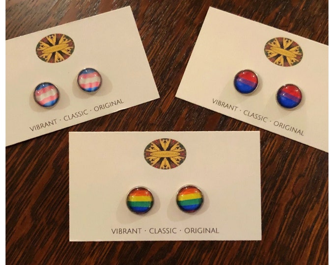 Show your Pride with LGBTQ Pride Flag Button Earrings, .50" Glass Cabochons on Steel Base, 3 Designs to Choose from, Great to Gift or Keep!