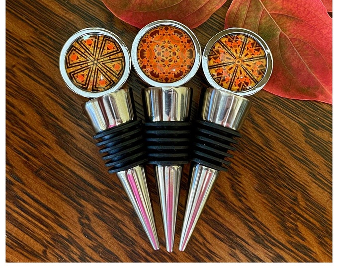 Harvest Wine Stoppers, Original Designs set in Glass on Food-grade Stainless Steel, Intricate details in reds, orange and gold