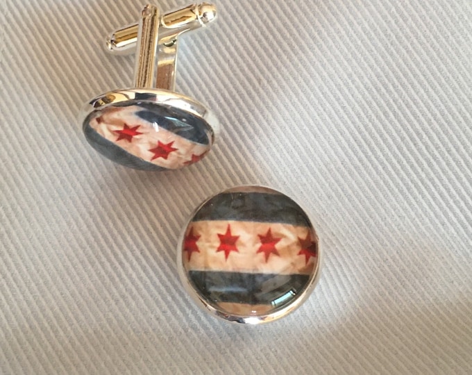 Chicago Flag Cuff Links, Original Designs set in Glass on Silver-Plated Cuff Links, Packaged in Black Gift Box, Perfect to Give or Keep!