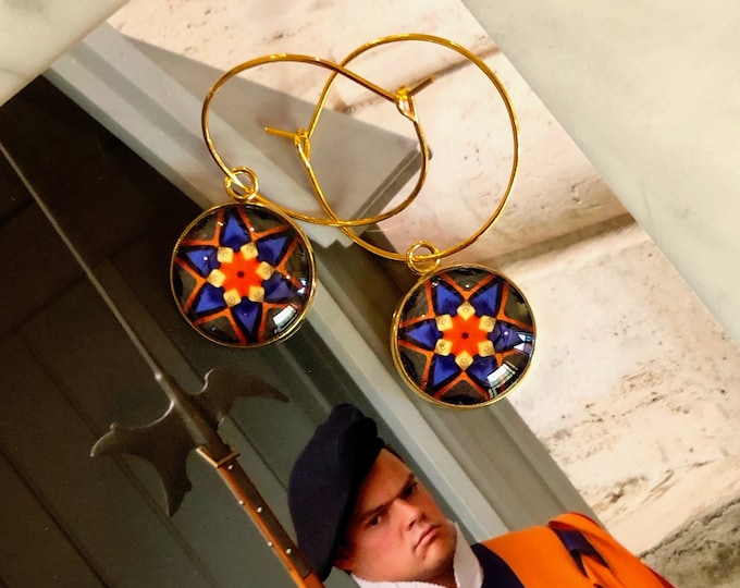 Vivid, Bold, Swiss Guard Earrings, Original Design on Glass set on Gold-Plated Steel, Choose Hoop or French Hook