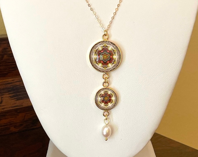 Alfama Double-drop Pendant, Vibrant Design Set in Glass with 16" Gold filled Necklace