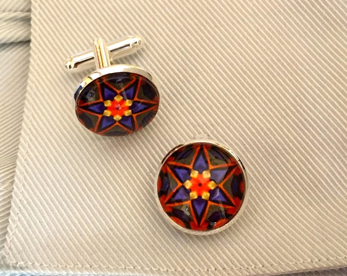 Striking Cuff Links, Vibrant Original Designs set in Glass on Silver-Plated Cuff Links, Packaged in Black Gift Box, Perfect to Give or Keep!