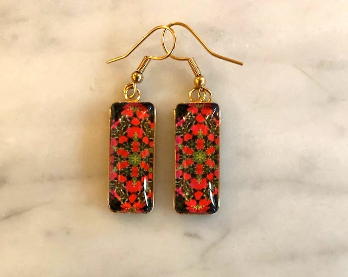 Rectangular Dangling Earrings that Pop! Vibrant Original Designs, Drop 1.5" overall, 1" Charm, Glass set on Gold-Plated Stainless Steel