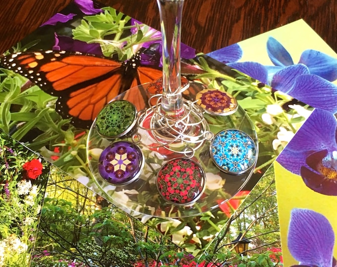 Garden Variery Wine Charms, Original Designs Set in Glass on Stainless Steel Charm, Unique Housewarming, Host Gift