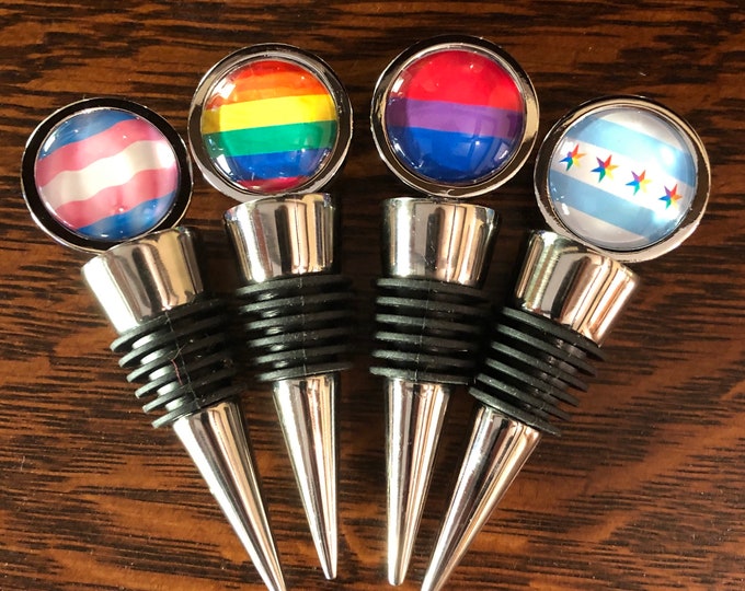 Show your Pride with LGBTQ Pride Flag Wine Stoppers on Stainless Steel Base, 4 Designs to Choose from, Great to Gift or Keep!