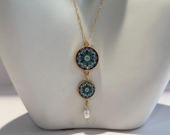 St Peter's Basilica inspired Cabochon Pendant Necklace with Freshwater Pearl on 18" Gold-filled Paperclip Chain