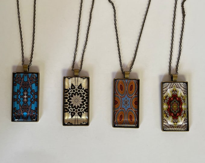 Sample Sale! 2" x 1"  Rectangular Bronze and Glass Pendant on 20" Bronze Chain.