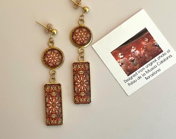 Catalana Inspired, Double-drop, Rectangle Dangle Earrings, Stunning Design Set in Glass and Gold-plated Steel