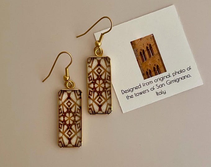 Stunning, Rectangular Dangle Earrings with Original Design Inspired by the Towers of San Gimignano, Glass on Gold-plated Steel Base