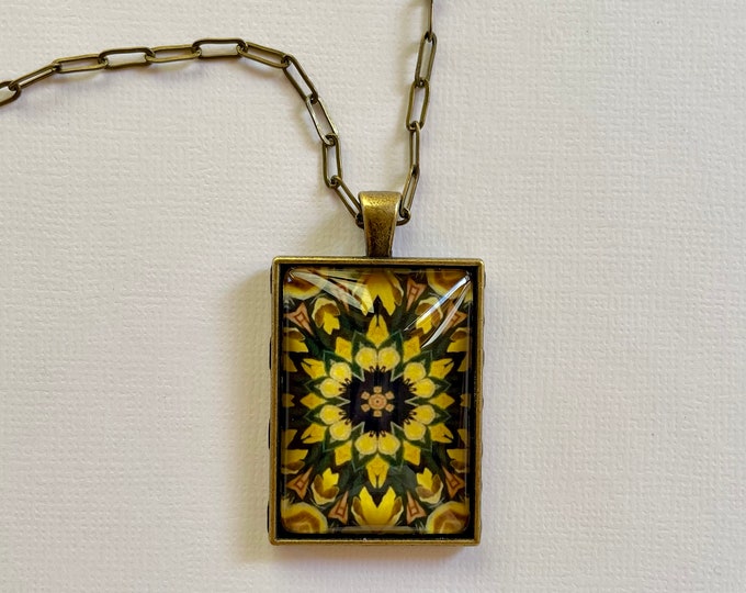 Hope from Holly’s Garden, 1" x 1.35" Glass & Bronze Rectangle Pendant on fully adjustable 20" Paper Clip Chain, Beautiful to Gift or Keep