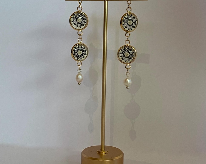Baha'i Temple Inspired, Double-drop Dangle Earrings, Stunning Design Set in Glass and gold-plated Steel with Freshwater Pearl