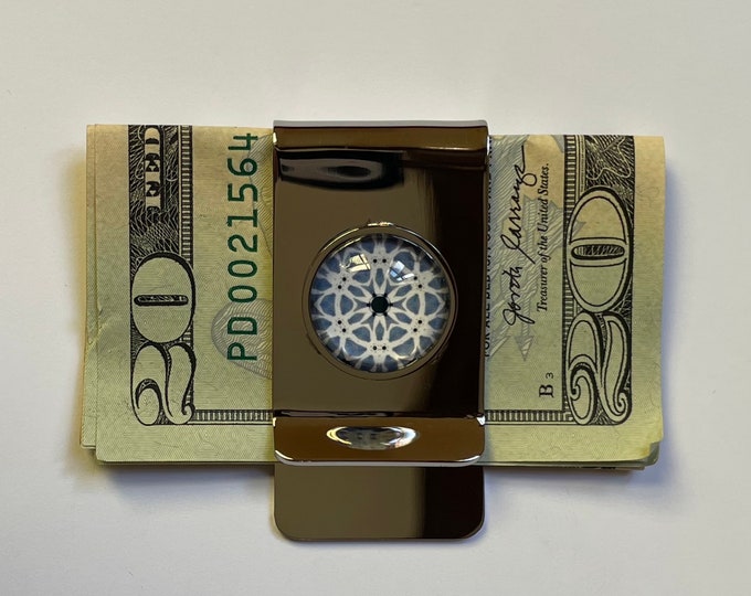 Mirror-finished Stainless Steel Money Clip With Original Design of Storm over Lake Michigan Set in 16mm Glass Cabachon