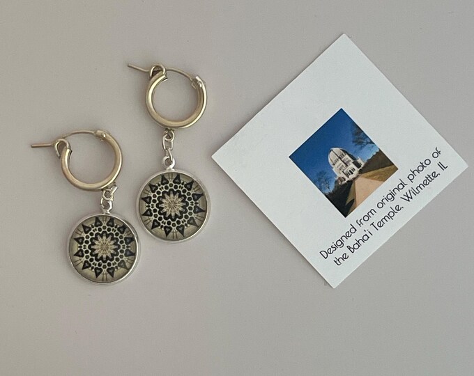 Stunning Glass and Sterling Huggie Hoop Earrings with .5" Diameter Charms.  Designed from photo of the Baha'i Temple, Wilmette, Illinois.