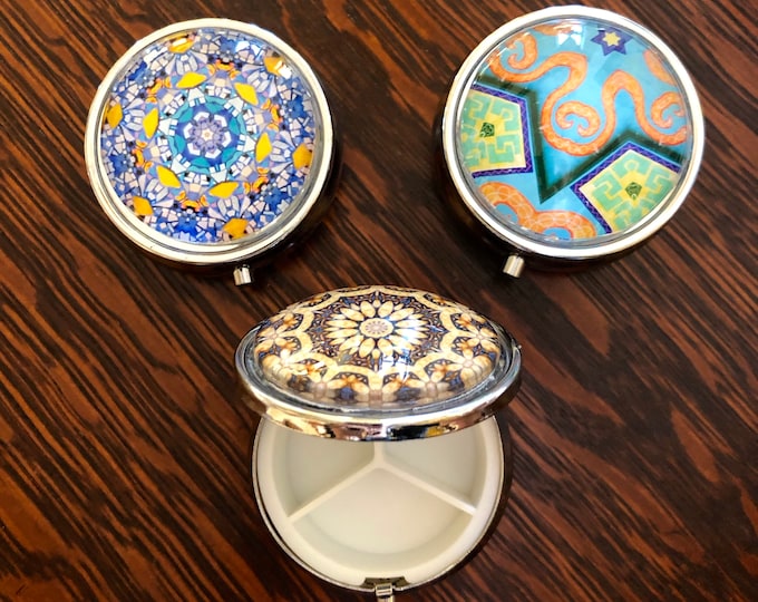 Pill Boxes with Vivid, Original Designs Set on Stainless Steel Base, Functional and Fabulous