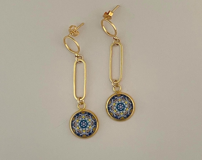 Chicago Street Art Inspired Earrings, Vibrant Design Set in Glass and Gold Plated Steel