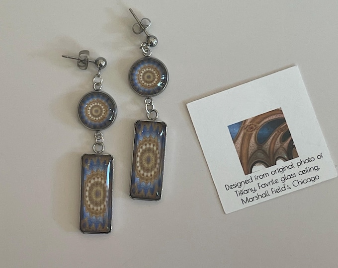 Marshall Field's Tiffany Dome Inspired, Double-drop, Rectangle Dangle Earrings, Stunning Design Set in Glass and Steel