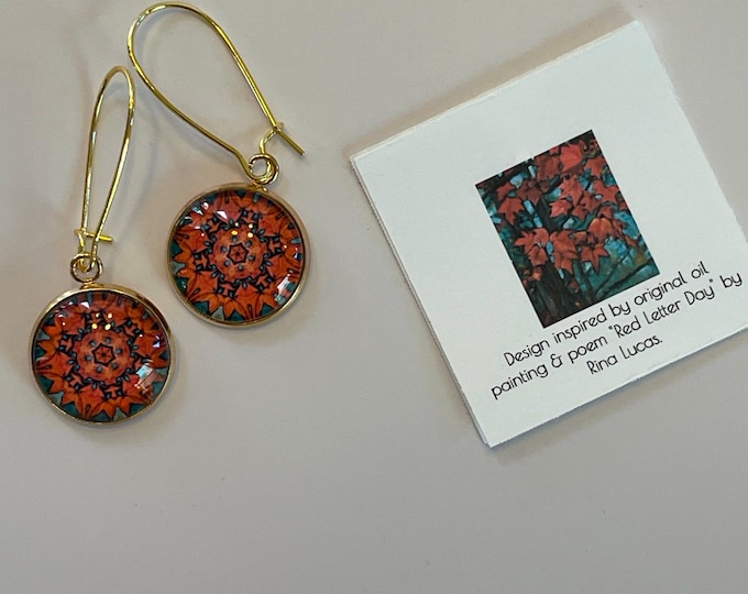 Kidney Hoop Dangle Earrings with a Vivid, Bold Design on Glass, Set on Gold-plated Steel Bezel.