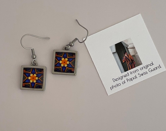 Square Dangling Earrings with Bold, Original Design from photo of a Papal Swiss Guard in Vatican City
