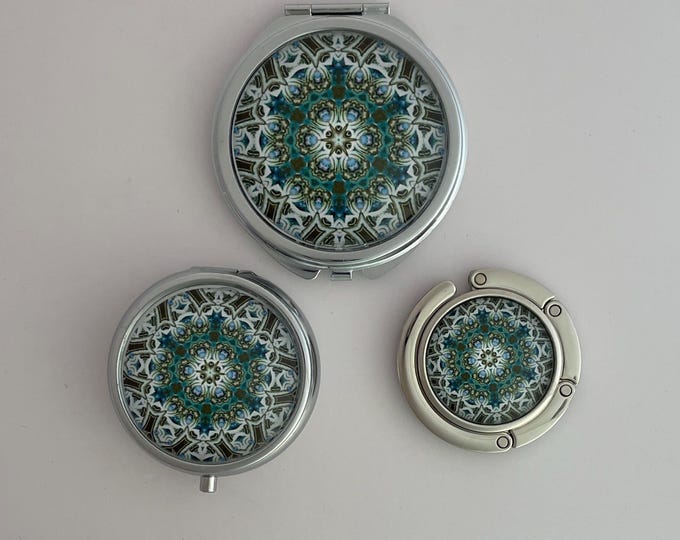Handbag Accessories (Mirror, Pillbox, Handbag Hook) with Vivid, Original Designs Set on Stainless Steel Base, Buy 1 or All 3!