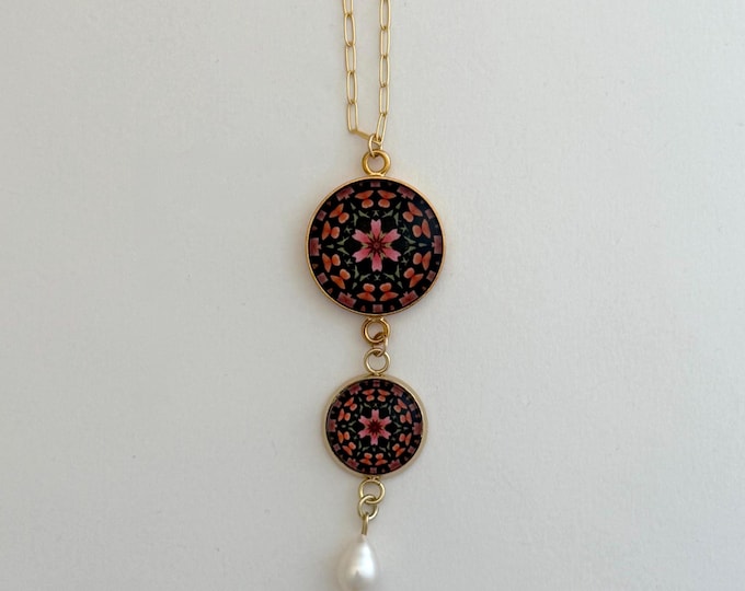 Red Cone Flower Glass Cabochon Pendant Necklace with Freshwater Pearl on 18" Gold-filled Paperclip Chain