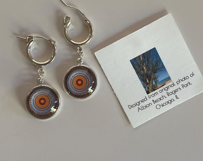 Vibrant Glass and Sterling Huggie Earrings with .5" Diameter Charms.  Designed from photo of Albion  Beach, Chicago.