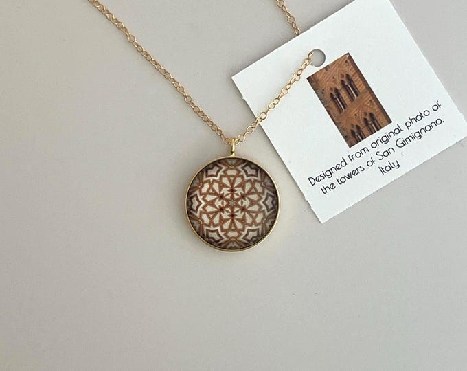 Towers of San Gimignano Pendant, Stunning Design in Glass and Gold Plated steel with 16" - 18" Adjustable Gold filled Necklace
