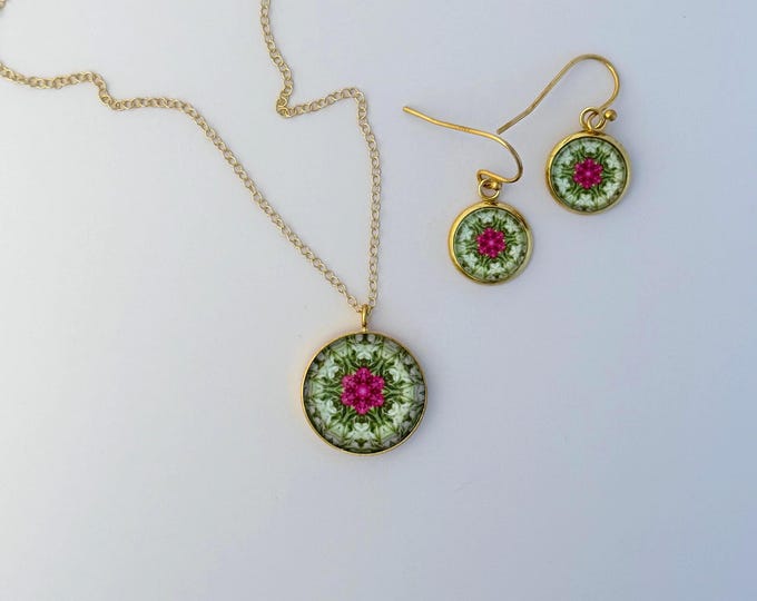 Vibrant Peony Pendant & Earring Set, Classic Design Set in Glass, Buy as Set or Separates, Statement Pieces