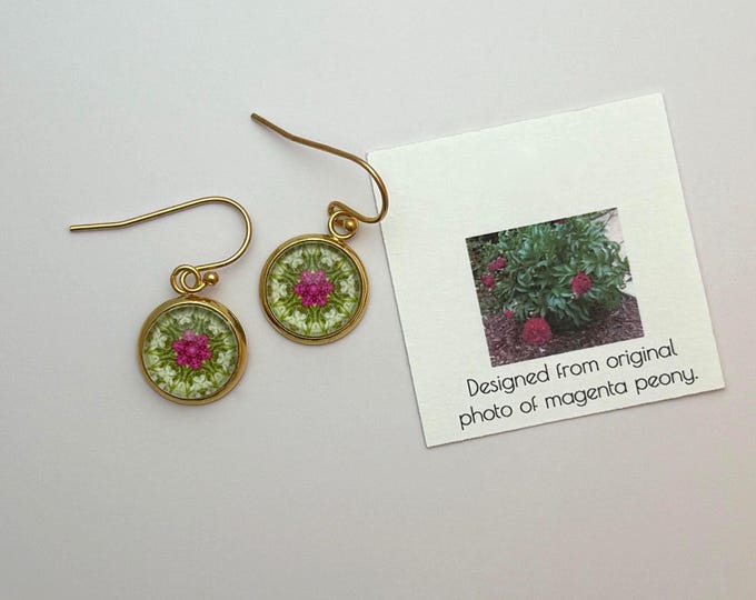 Glass & Gold plated French Hook Earrings with Stunning Design Created from Photo of a Magenta Peony. Beautiful to Gift or Keep for yourself!