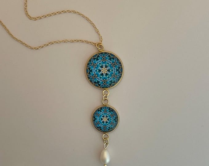 Ana's Garden Double-drop Pendant, Vibrant Design Set in Glass with 16" -18" adjustable Gold filled Necklace