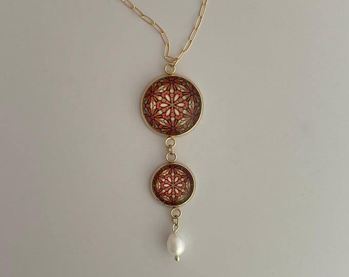 Catalana Inspired Pendant, Vibrant Design on Glass Cabochon set in Gold filled bezel