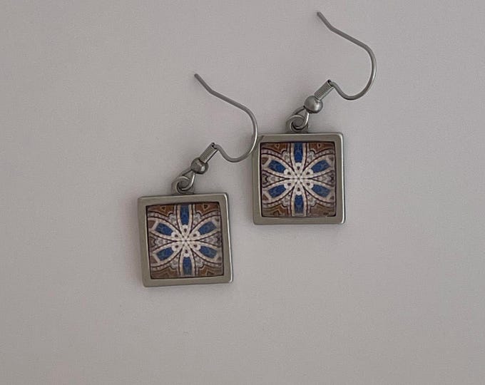 Square Dangling Earrings with Stunning Original Design from photo of Mosaic work in the Palacio Nacional da Pena, Sintra, Portugal