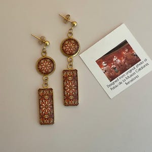 Catalana Inspired, Double-drop, Rectangle Dangle Earrings, Stunning Design Set in Glass and Gold-plated Steel
