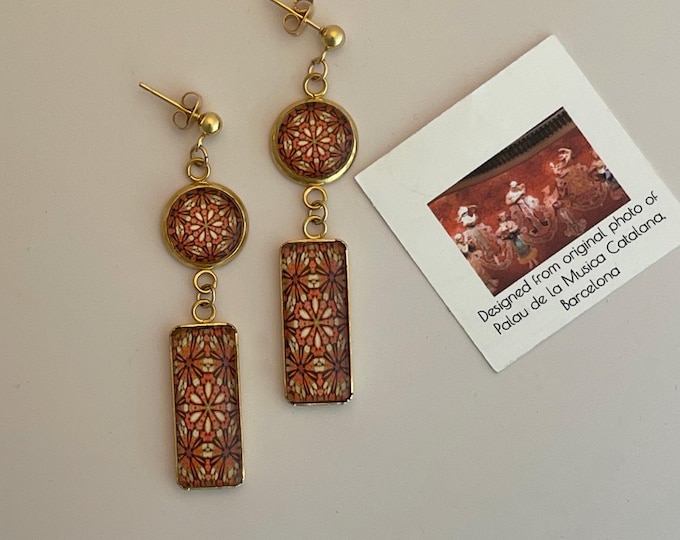Catalana Inspired, Double-drop, Rectangle Dangle Earrings, Stunning Design Set in Glass and Gold-plated Steel