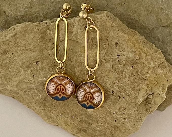 Marshall Field's Tiffany Dome Inspired Earrings, Vibrant Design Set in Glass and Gold Plated Steel