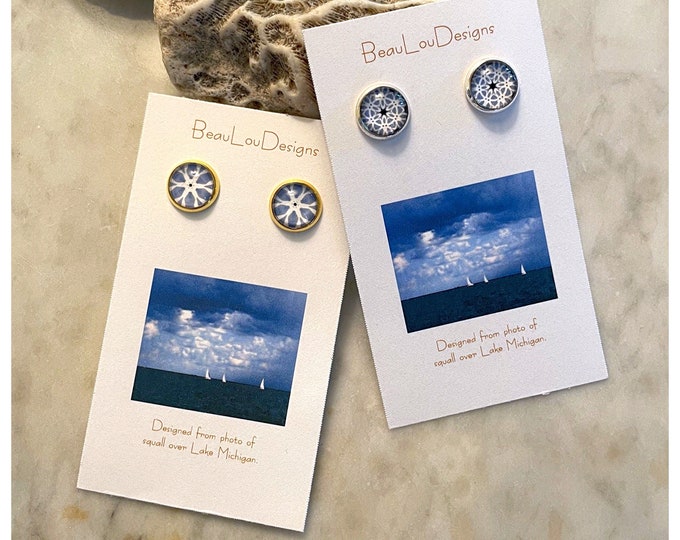 Summer Storm Button Earrings, Original Design Set in Glass, Intricate Details in Shades of Blue & White, Beautiful to Gift or Keep!