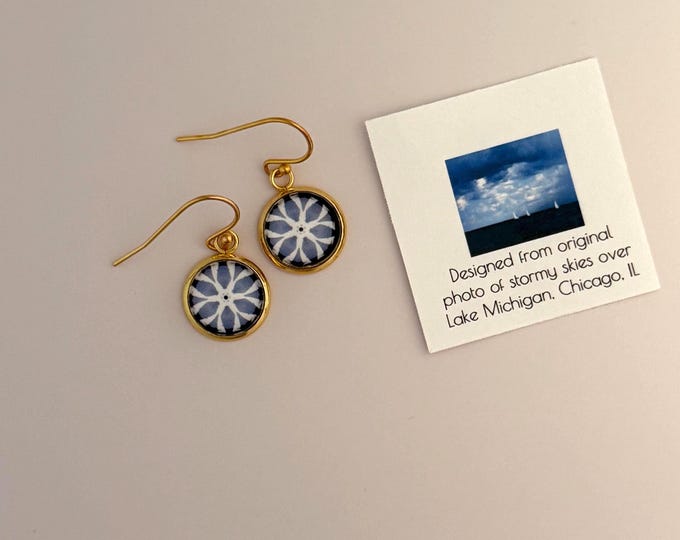 Glass & Gold plated French Hook Earrings with Stunning Design Created from Photo of a Storm Over Lake Michigan, Chicago, IL.