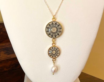 Serenity Double-drop Pendant, Vibrant Design Set in Glass with 16&quot; - 18&quot; Adjustable Gold filled Necklace