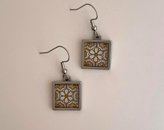 Square Dangling Earrings with Classic, Original Design from photo of the Preston Bradley Hall Tiffany Dome in the Chicago Cultural Center
